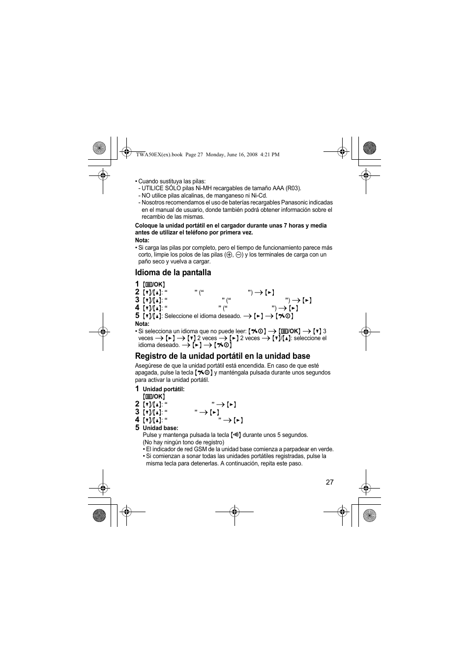 Idioma de la pantalla, Registro de la unidad portátil en la unidad base | Panasonic KXTWA50EX User Manual | Page 27 / 52