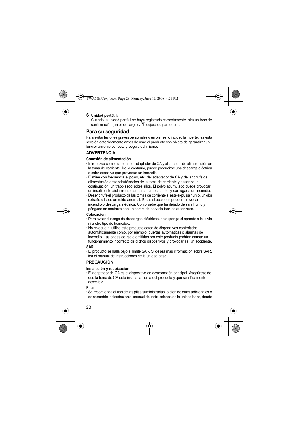 Para su seguridad | Panasonic KXTWA50EX User Manual | Page 28 / 52