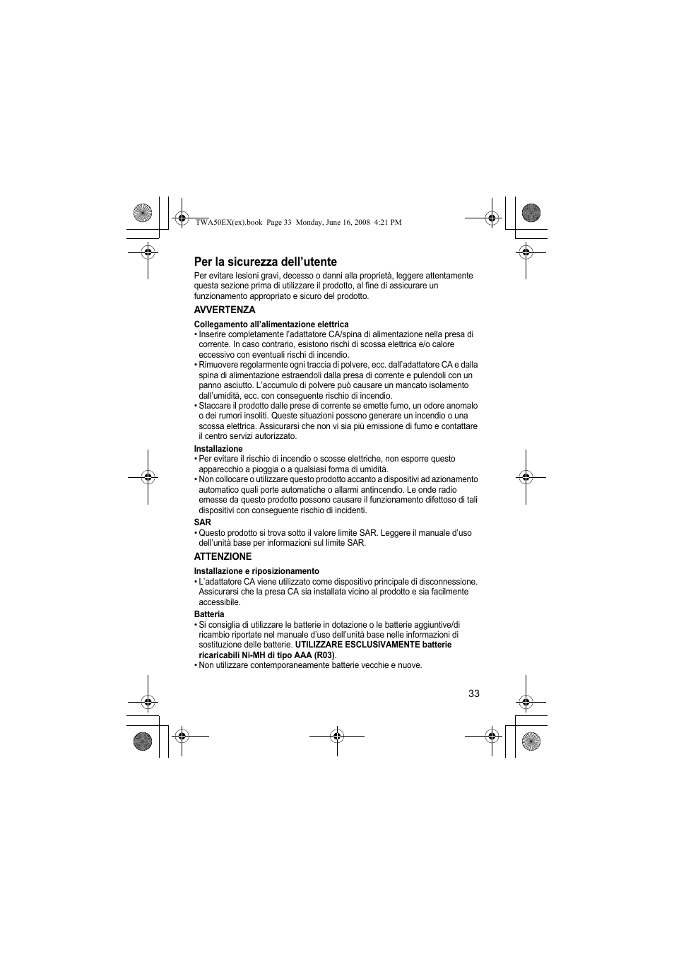 Per la sicurezza dell’utente | Panasonic KXTWA50EX User Manual | Page 33 / 52