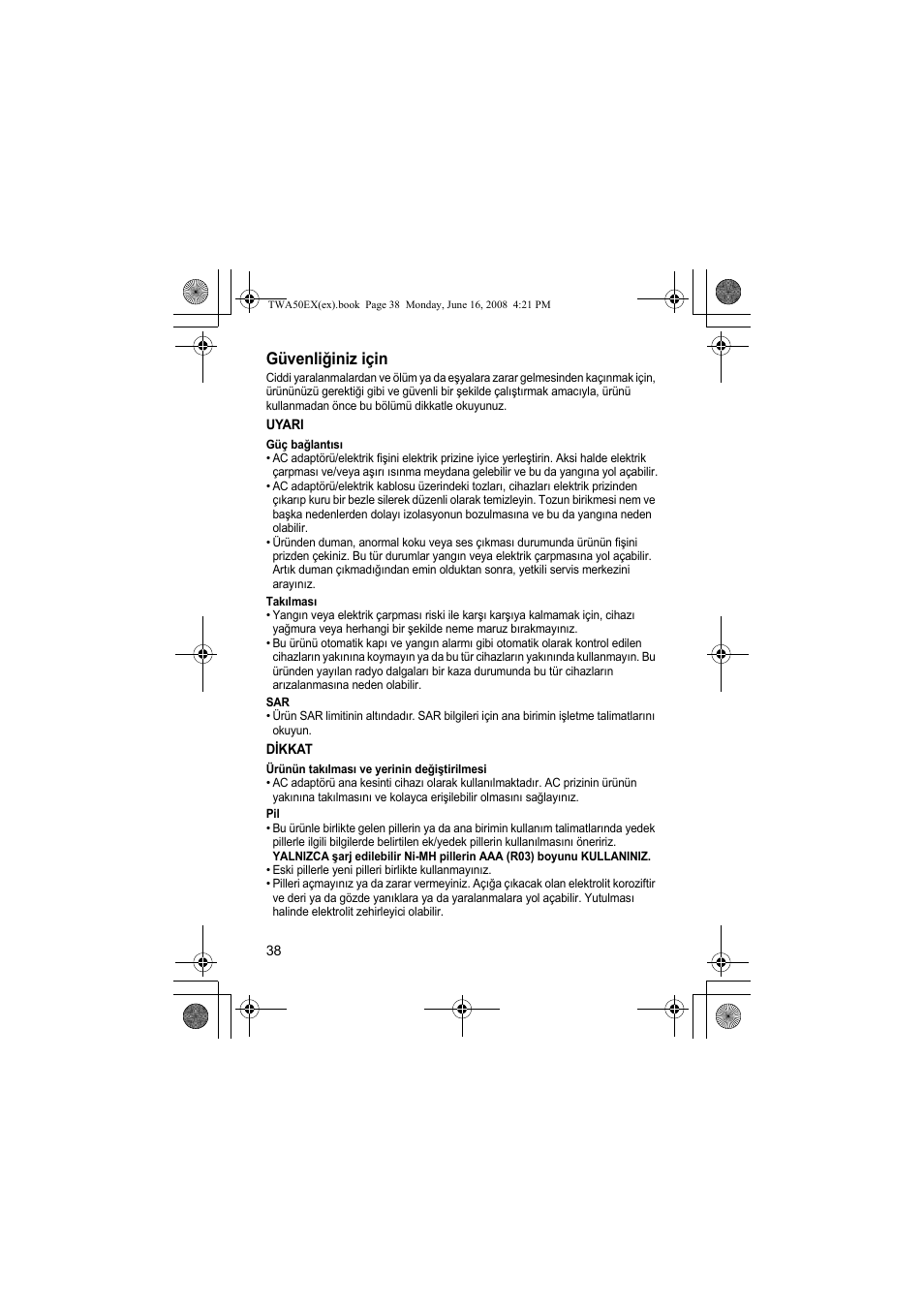 Güvenliğiniz için | Panasonic KXTWA50EX User Manual | Page 38 / 52