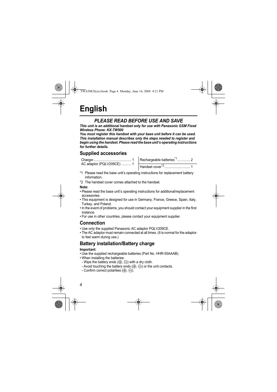 English, Please read before use and save, Supplied accessories | Connection, Battery installation/battery charge | Panasonic KXTWA50EX User Manual | Page 4 / 52