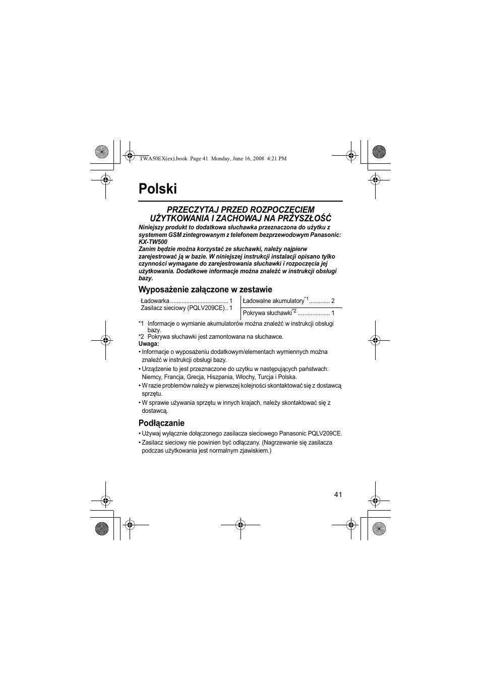 Polski, Wyposażenie załączone w zestawie, Podłączanie | Panasonic KXTWA50EX User Manual | Page 41 / 52