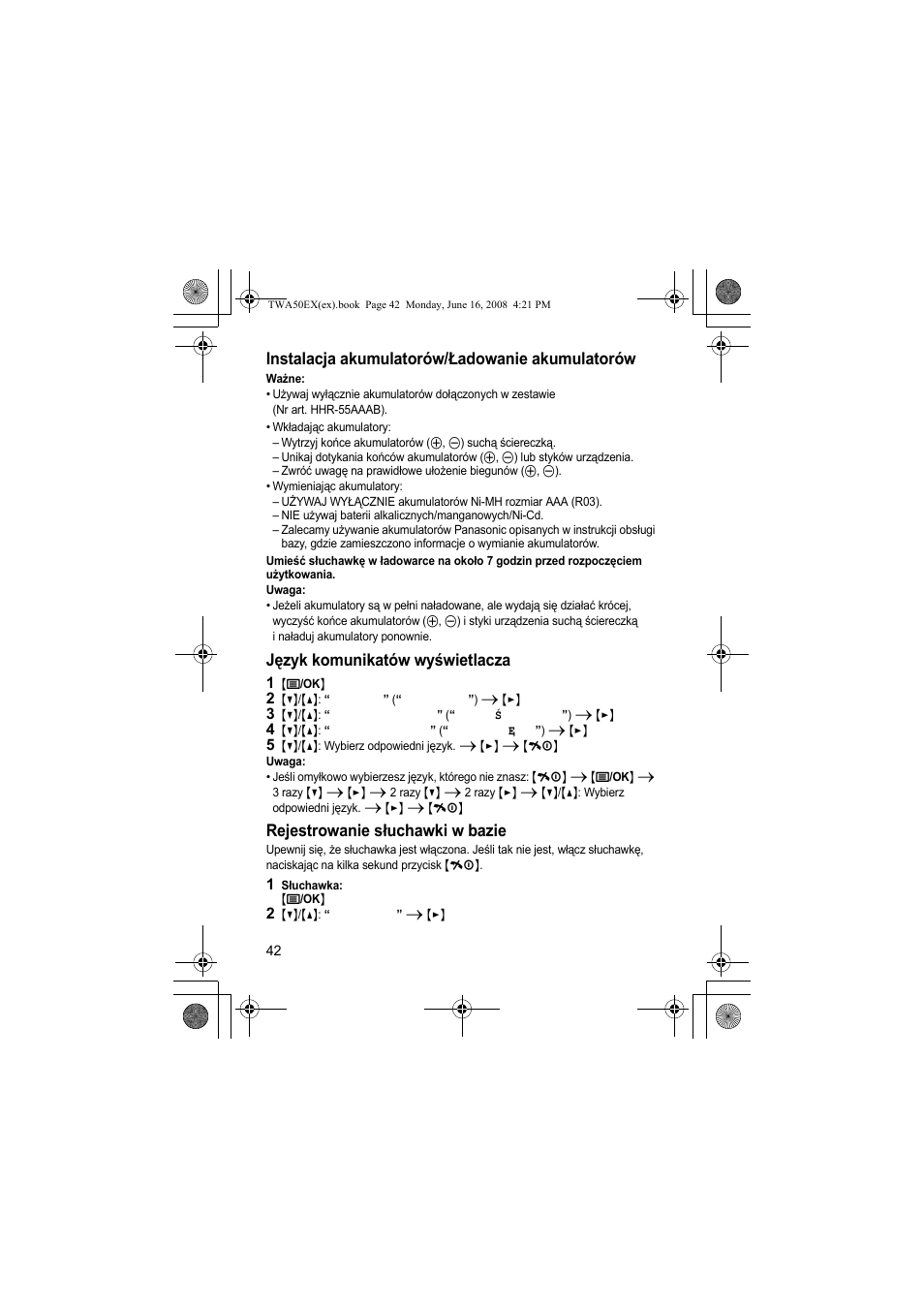 Instalacja akumulatorów/ładowanie akumulatorów, Język komunikatów wyświetlacza, Rejestrowanie słuchawki w bazie | Panasonic KXTWA50EX User Manual | Page 42 / 52
