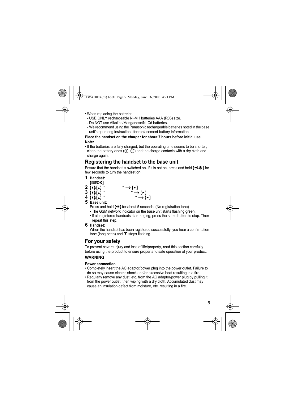 Registering the handset to the base unit, For your safety | Panasonic KXTWA50EX User Manual | Page 5 / 52