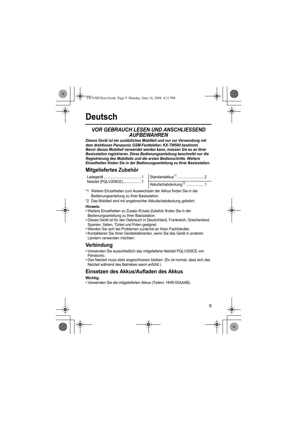 Deutsch, Vor gebrauch lesen und anschliessend aufbewahren, Mitgeliefertes zubehör | Verbindung, Einsetzen des akkus/aufladen des akkus | Panasonic KXTWA50EX User Manual | Page 9 / 52