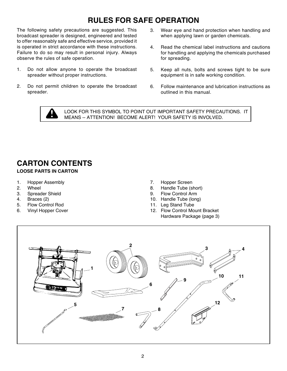 Rules for safe operation, Carton contents | Agri-Fab 45-02103-101 User Manual | Page 2 / 16