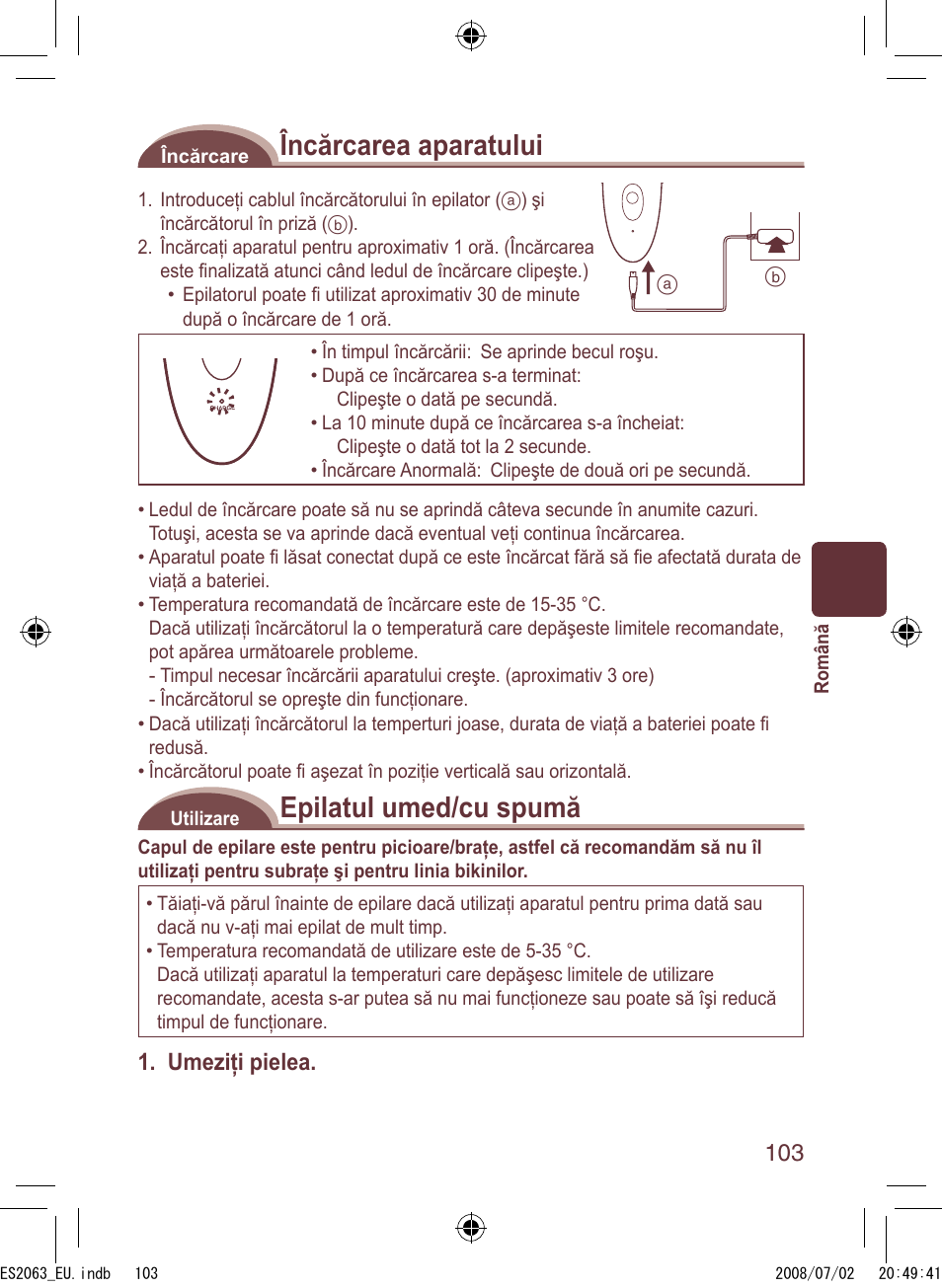 Încărcarea aparatului, Epilatul umed/cu spumă, Umeziţi pielea | Panasonic ES2063 User Manual | Page 103 / 136