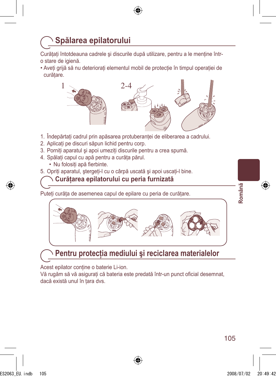 Spălarea epilatorului | Panasonic ES2063 User Manual | Page 105 / 136