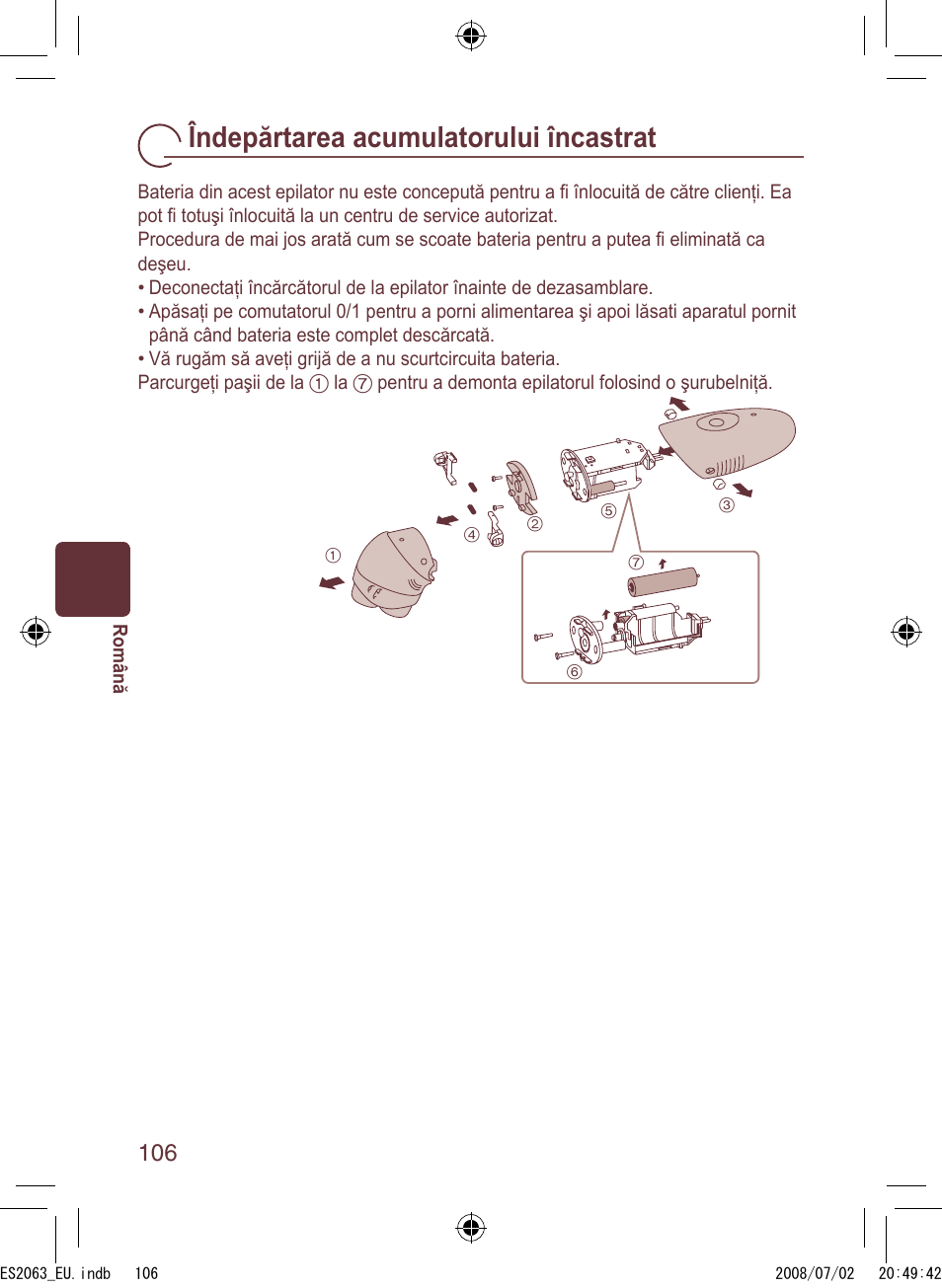 Îndepărtarea acumulatorului încastrat | Panasonic ES2063 User Manual | Page 106 / 136