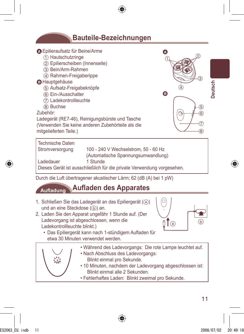 Bauteile-bezeichnungen, Auﬂ aden des apparates | Panasonic ES2063 User Manual | Page 11 / 136