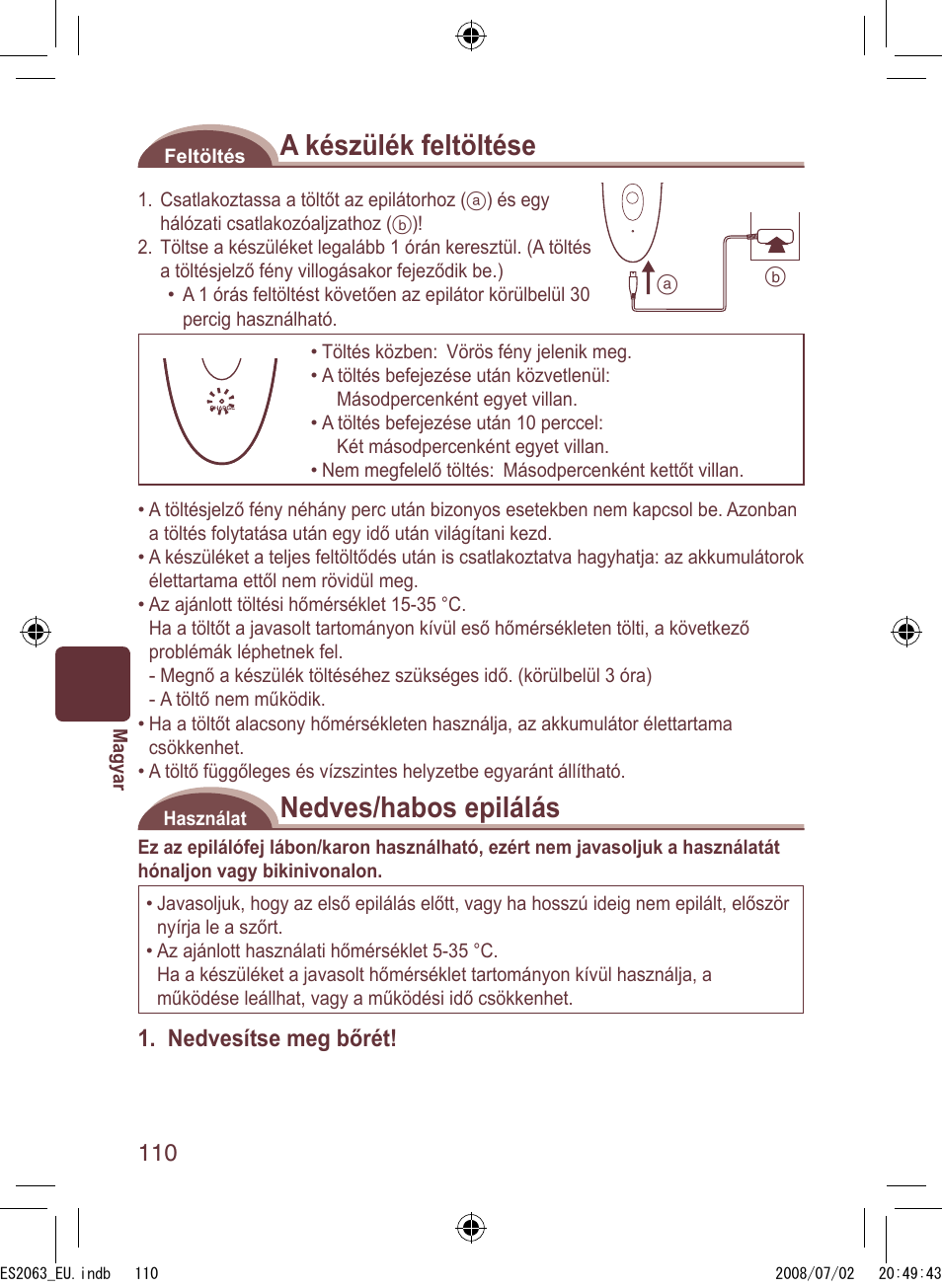 A készülék feltöltése, Nedves/habos epilálás, Nedvesítse meg bőrét | Panasonic ES2063 User Manual | Page 110 / 136