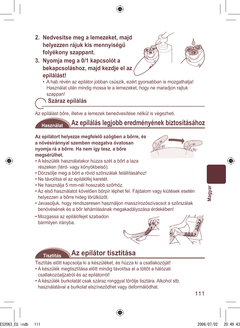 Az epilálás legjobb eredményének biztosításához, Az epilátor tisztítása | Panasonic ES2063 User Manual | Page 111 / 136