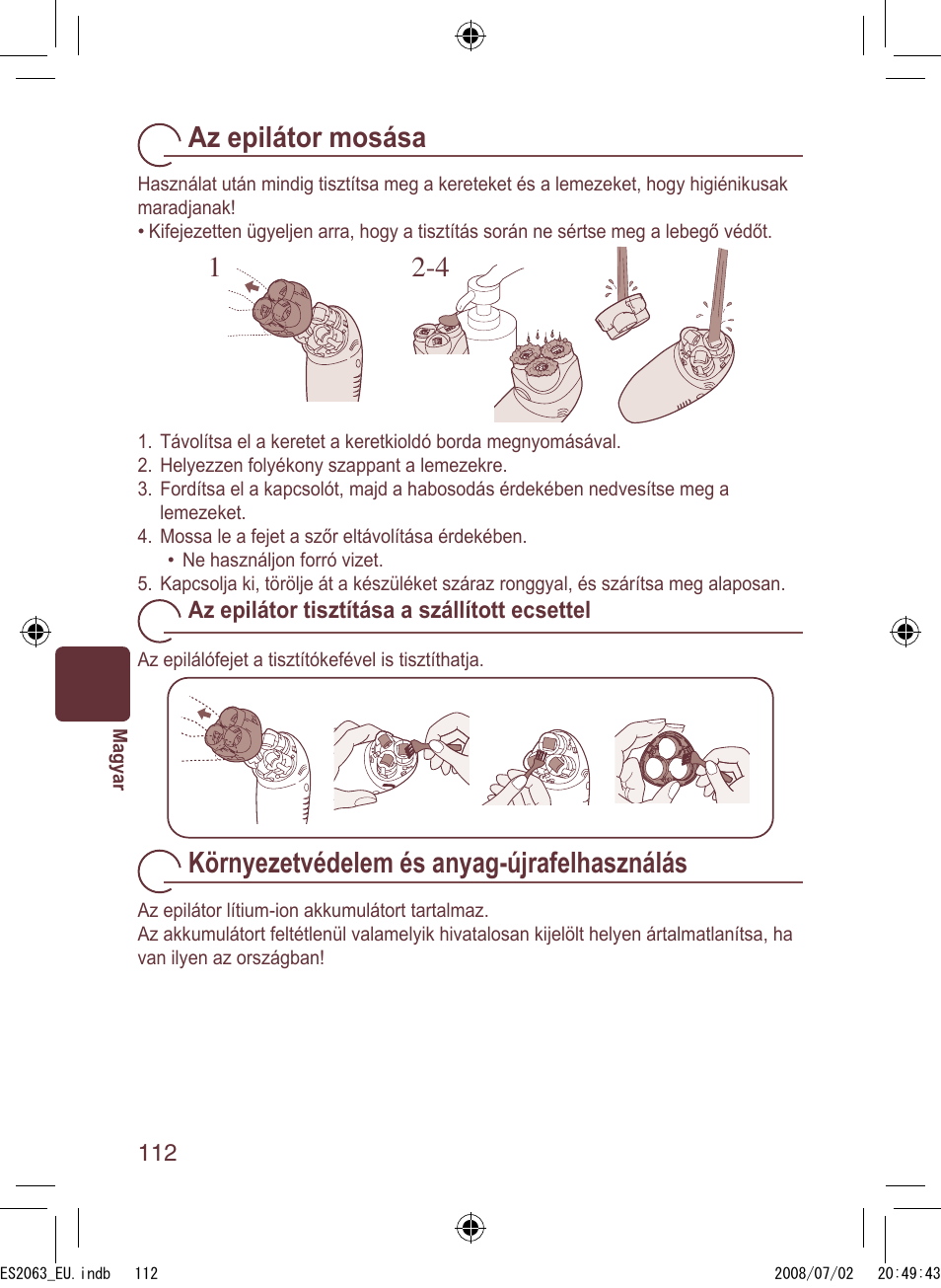 Az epilátor mosása, Környezetvédelem és anyag-újrafelhasználás | Panasonic ES2063 User Manual | Page 112 / 136