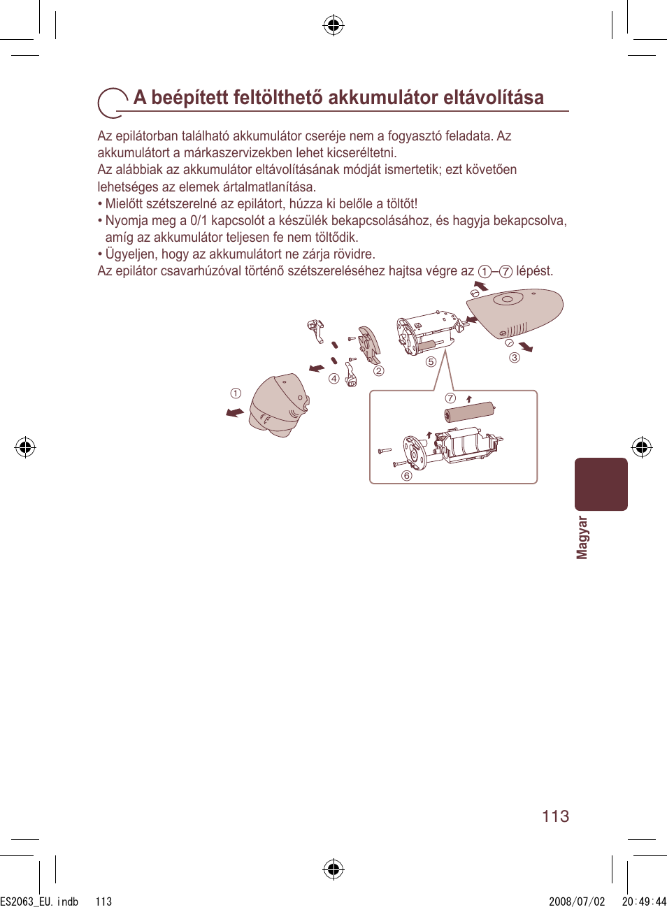 A beépített feltölthető akkumulátor eltávolítása | Panasonic ES2063 User Manual | Page 113 / 136