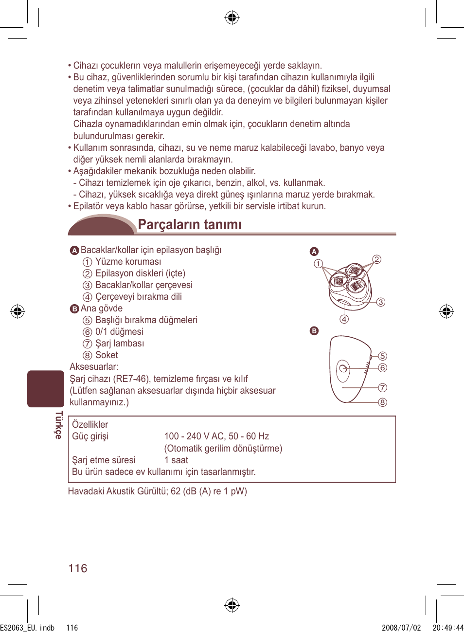 Parçaların tanımı | Panasonic ES2063 User Manual | Page 116 / 136