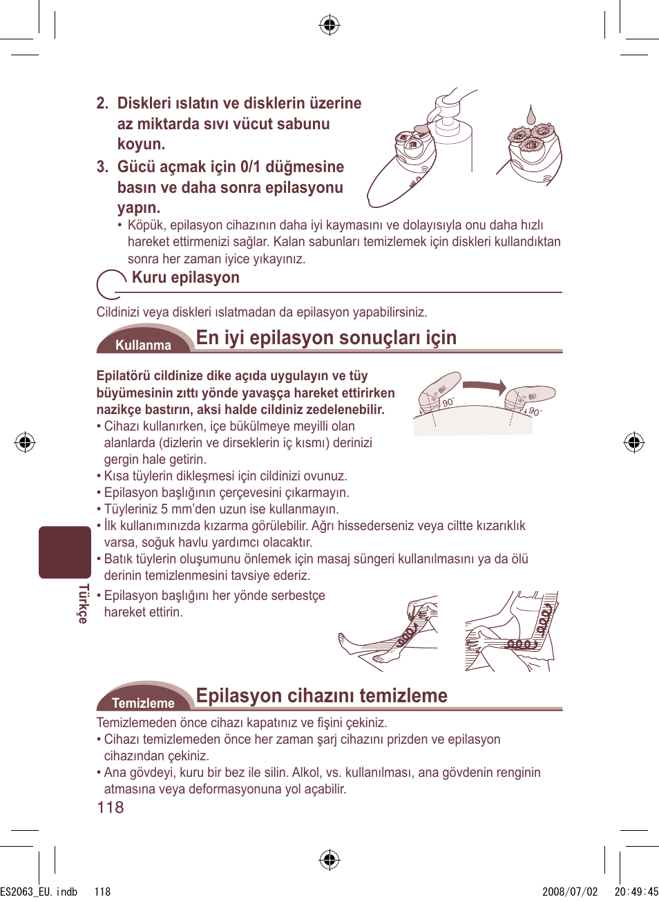 En iyi epilasyon sonuçları için, Epilasyon cihazını temizleme | Panasonic ES2063 User Manual | Page 118 / 136