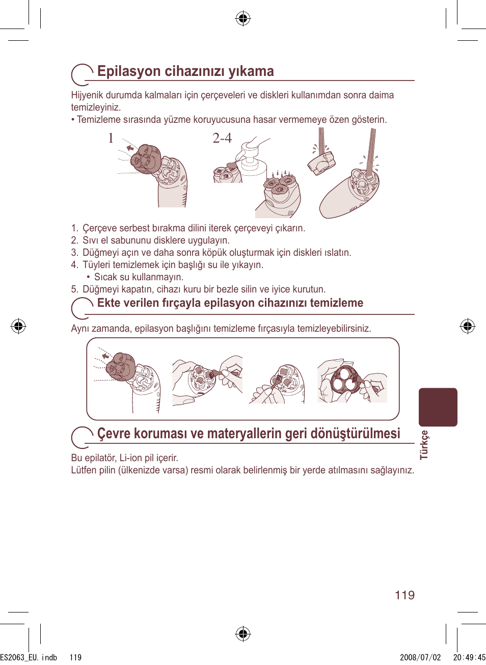 Epilasyon cihazınızı yıkama | Panasonic ES2063 User Manual | Page 119 / 136