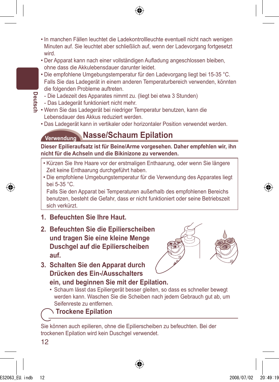 Nasse/schaum epilation | Panasonic ES2063 User Manual | Page 12 / 136