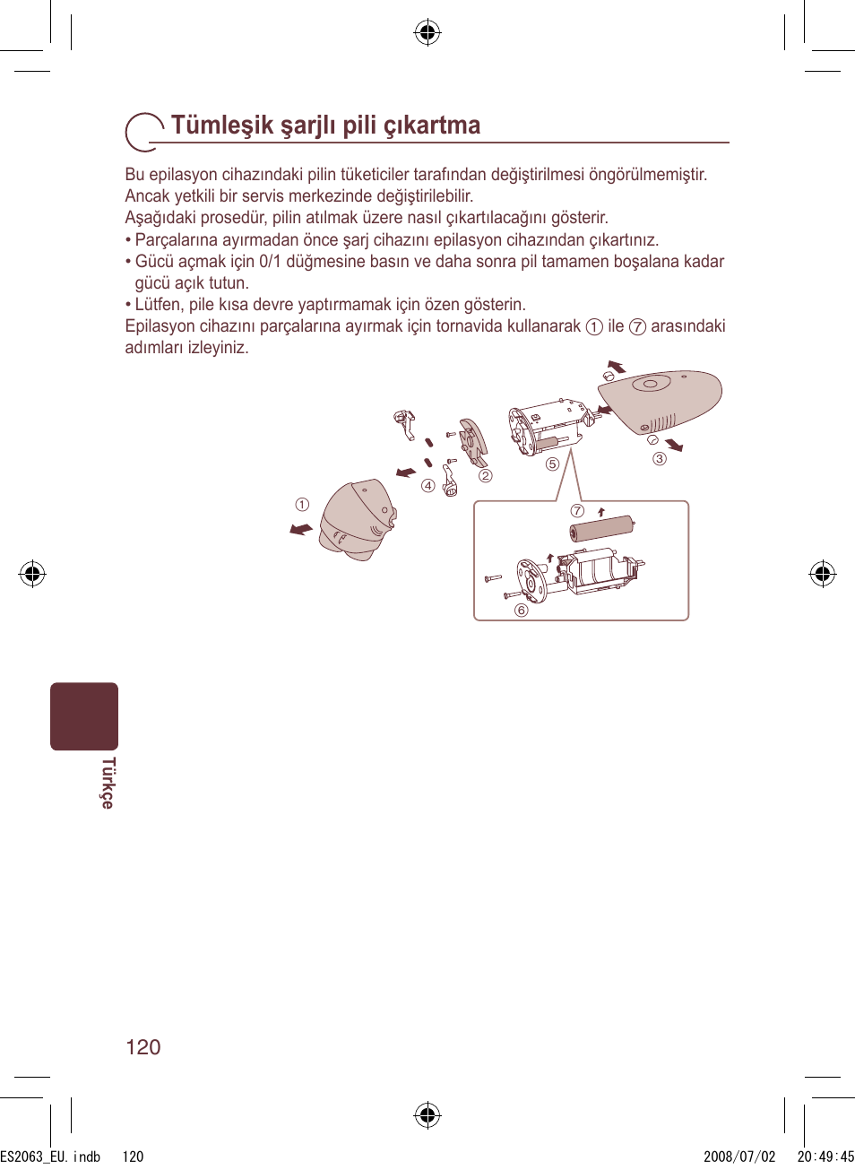 Tümleşik şarjlı pili çıkartma | Panasonic ES2063 User Manual | Page 120 / 136