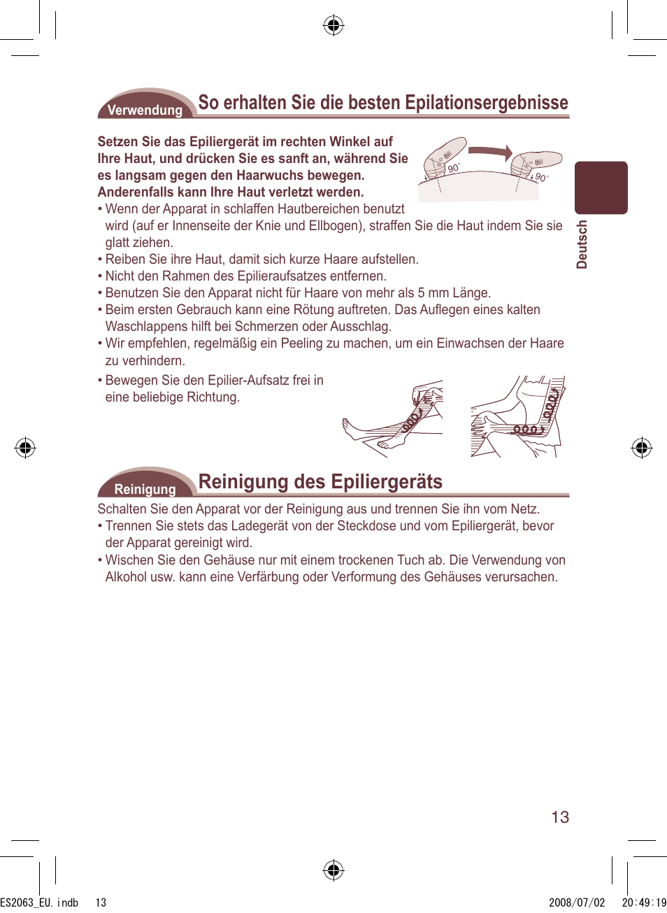 So erhalten sie die besten epilationsergebnisse, Reinigung des epiliergeräts | Panasonic ES2063 User Manual | Page 13 / 136