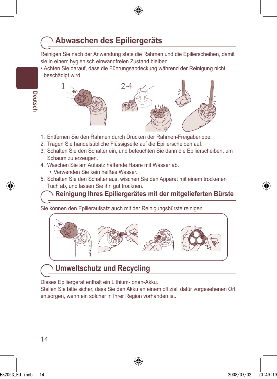 Abwaschen des epiliergeräts, Umweltschutz und recycling | Panasonic ES2063 User Manual | Page 14 / 136