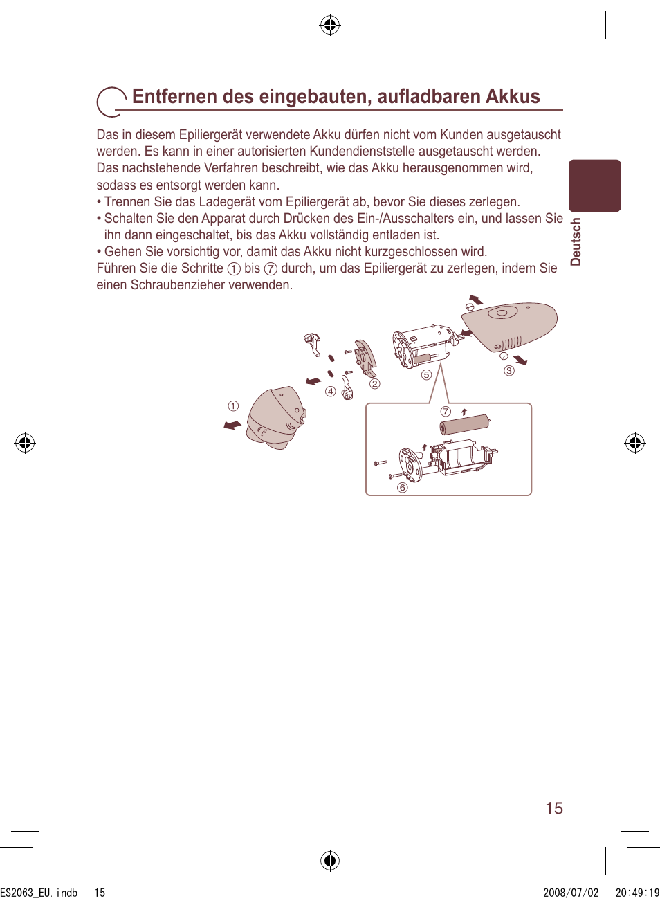 Entfernen des eingebauten, auﬂ adbaren akkus | Panasonic ES2063 User Manual | Page 15 / 136