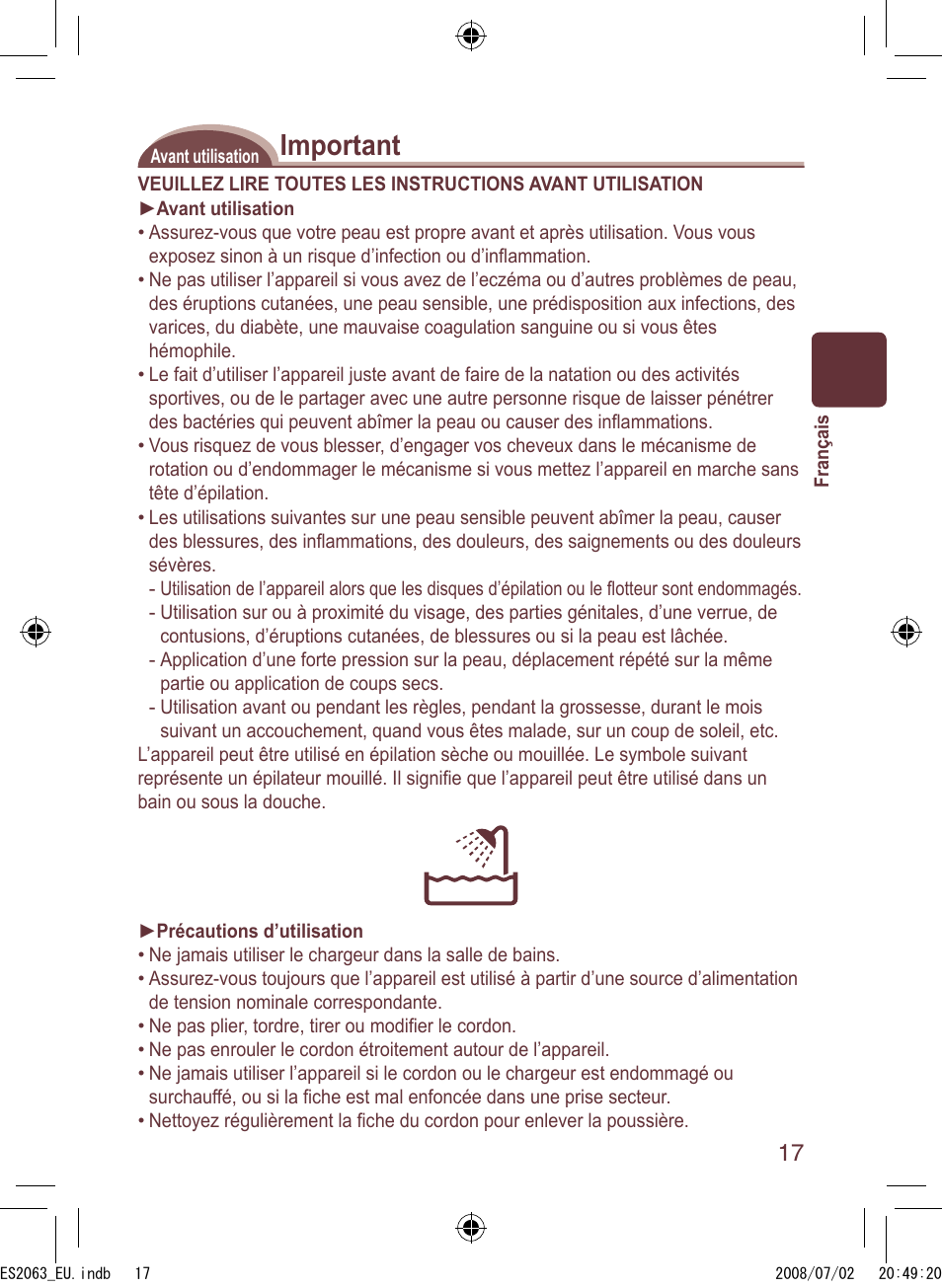 Important | Panasonic ES2063 User Manual | Page 17 / 136