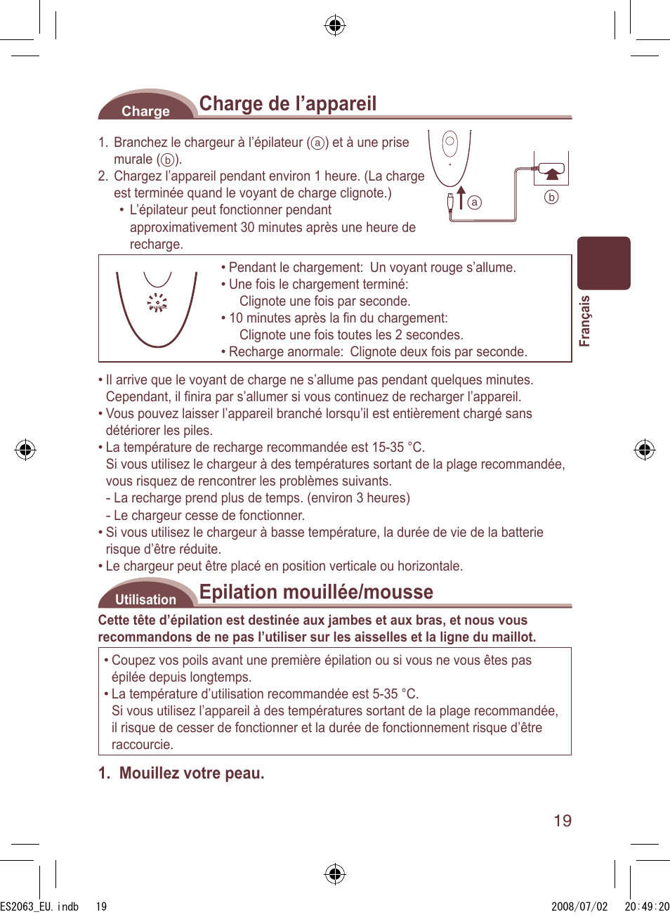 Charge de l’appareil, Epilation mouillée/mousse, Mouillez votre peau | Panasonic ES2063 User Manual | Page 19 / 136