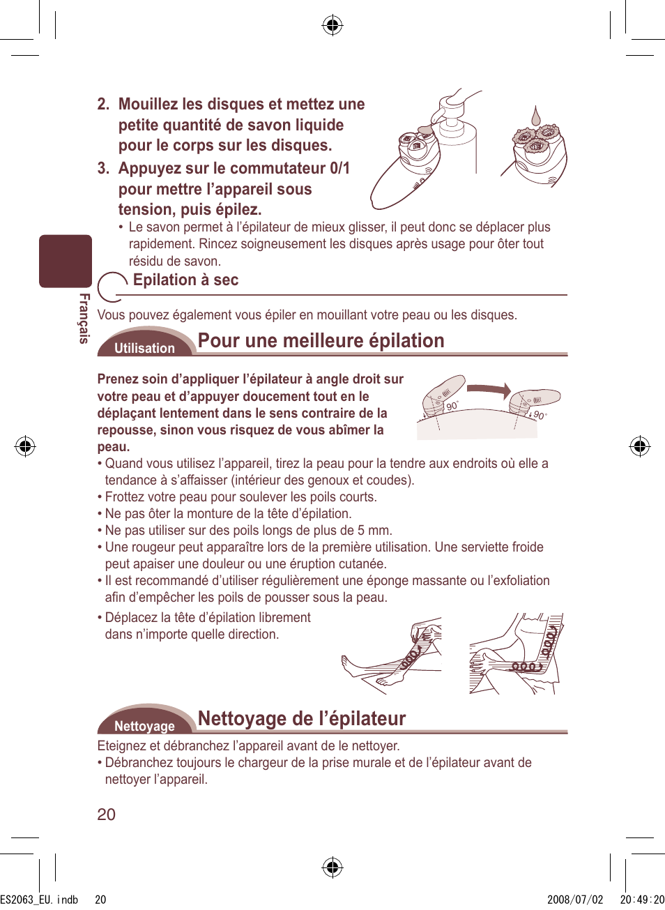 Pour une meilleure épilation, Nettoyage de l’épilateur | Panasonic ES2063 User Manual | Page 20 / 136