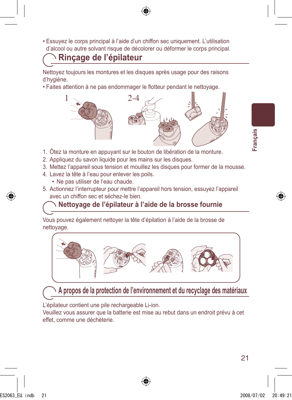 Rinçage de l’épilateur | Panasonic ES2063 User Manual | Page 21 / 136