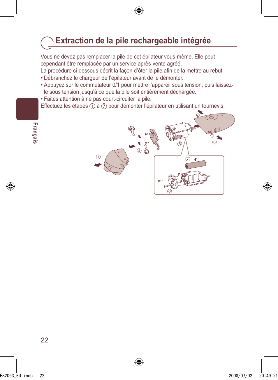 Extraction de la pile rechargeable intégrée | Panasonic ES2063 User Manual | Page 22 / 136