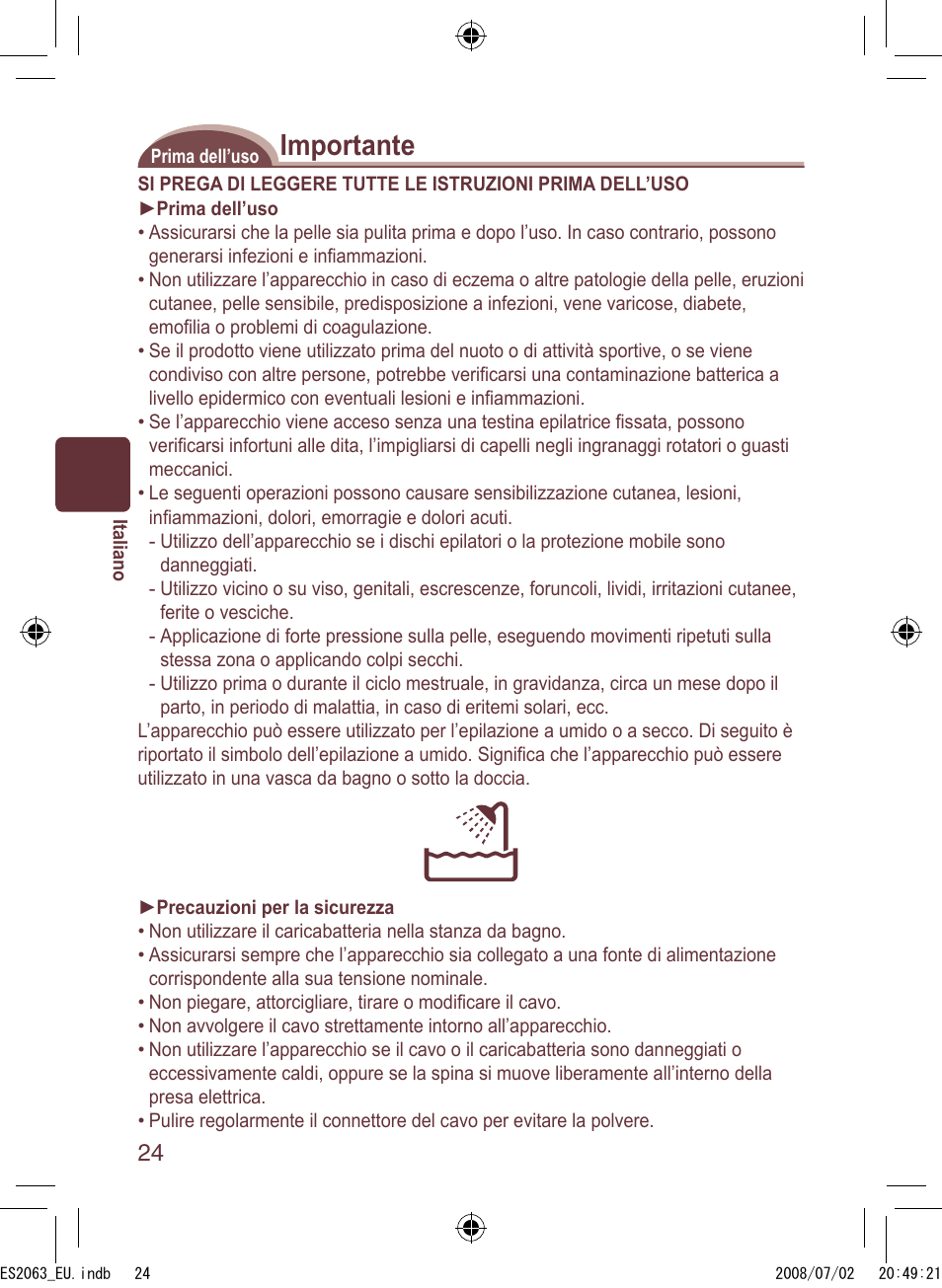 Importante | Panasonic ES2063 User Manual | Page 24 / 136