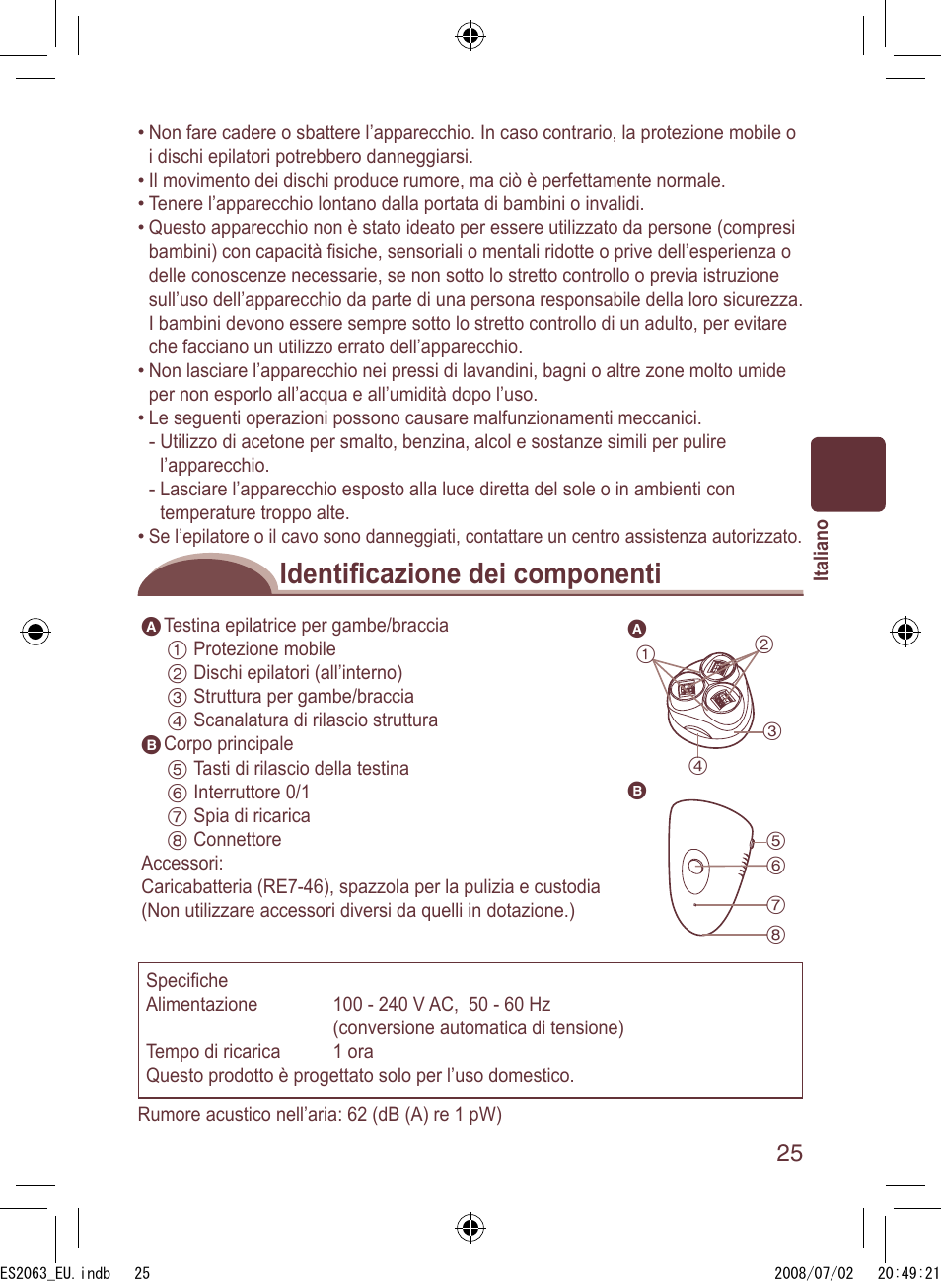 Identiﬁ cazione dei componenti | Panasonic ES2063 User Manual | Page 25 / 136