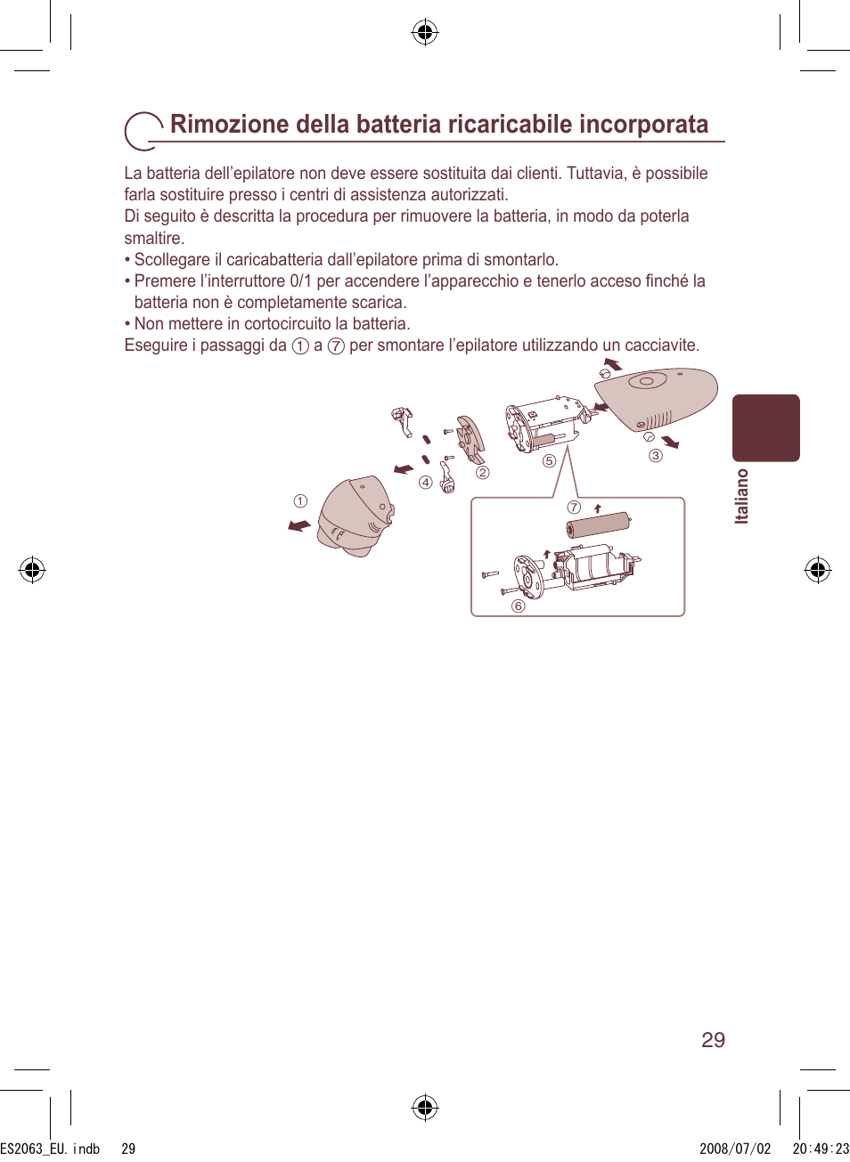 Rimozione della batteria ricaricabile incorporata | Panasonic ES2063 User Manual | Page 29 / 136