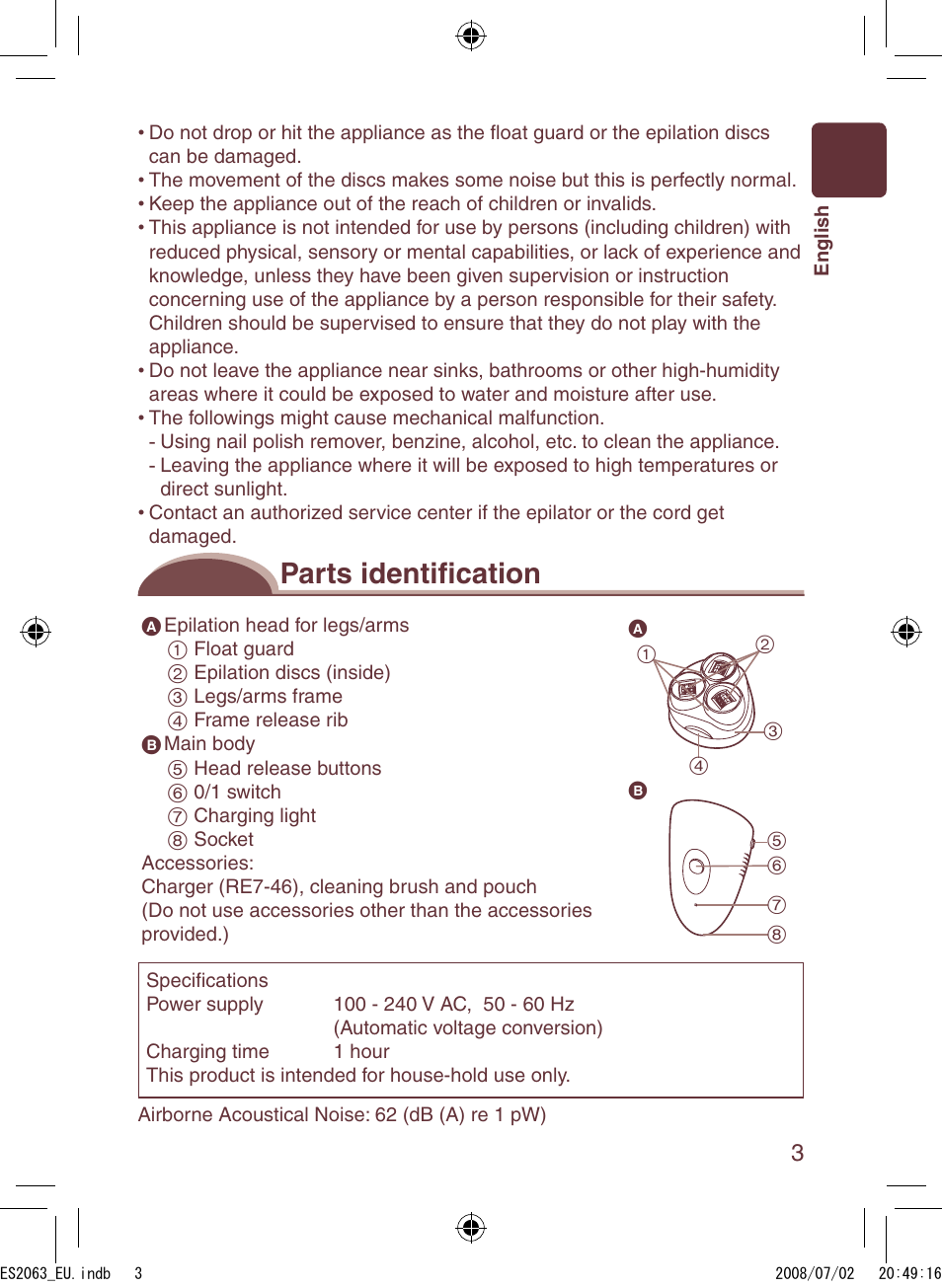 Parts identifi cation | Panasonic ES2063 User Manual | Page 3 / 136