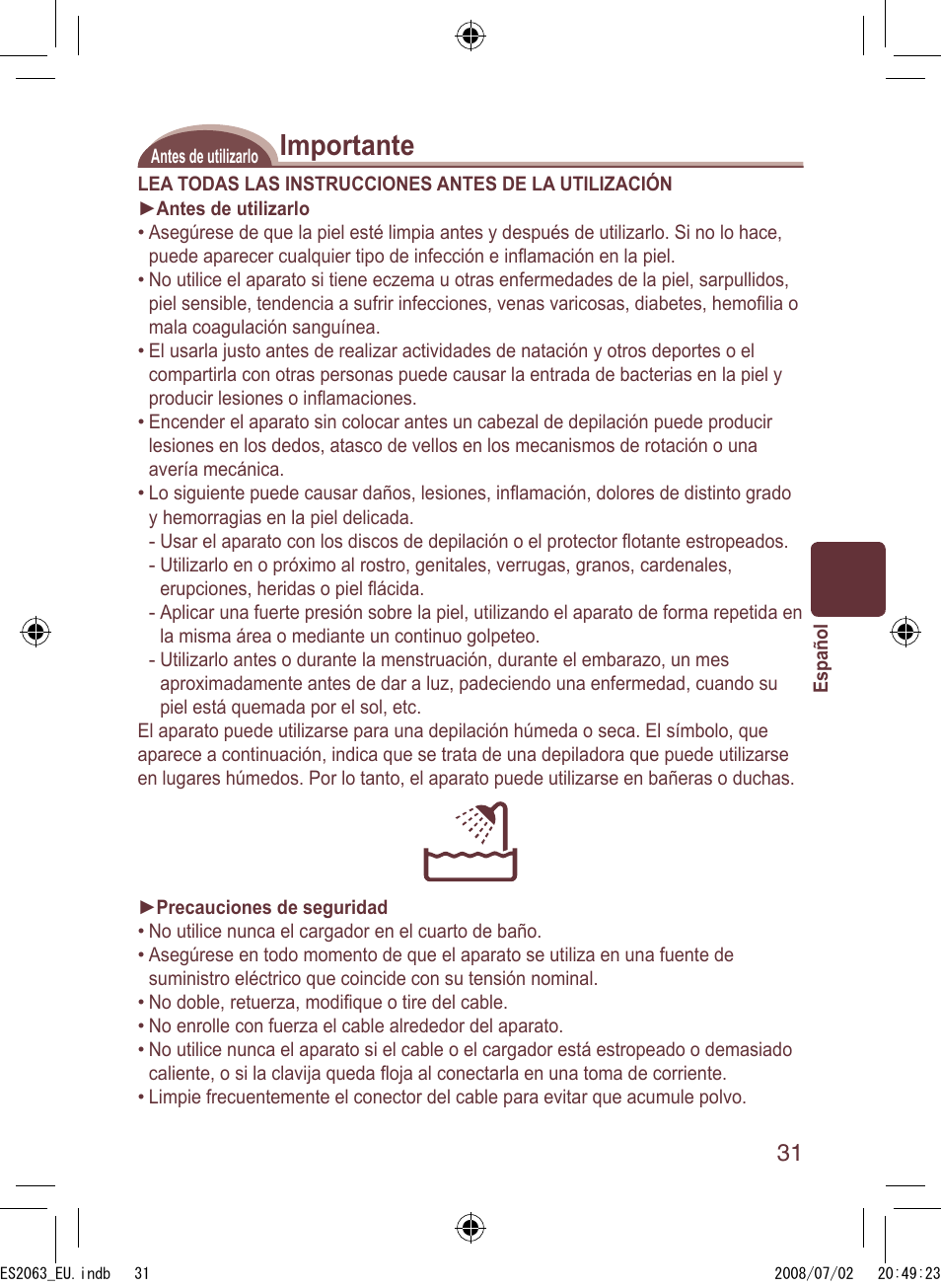 Importante | Panasonic ES2063 User Manual | Page 31 / 136