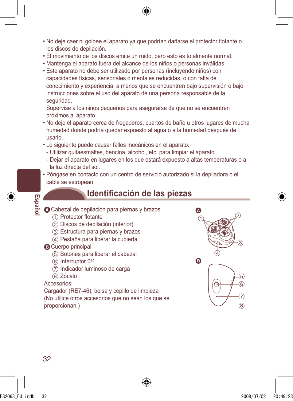 Identiﬁ cación de las piezas | Panasonic ES2063 User Manual | Page 32 / 136