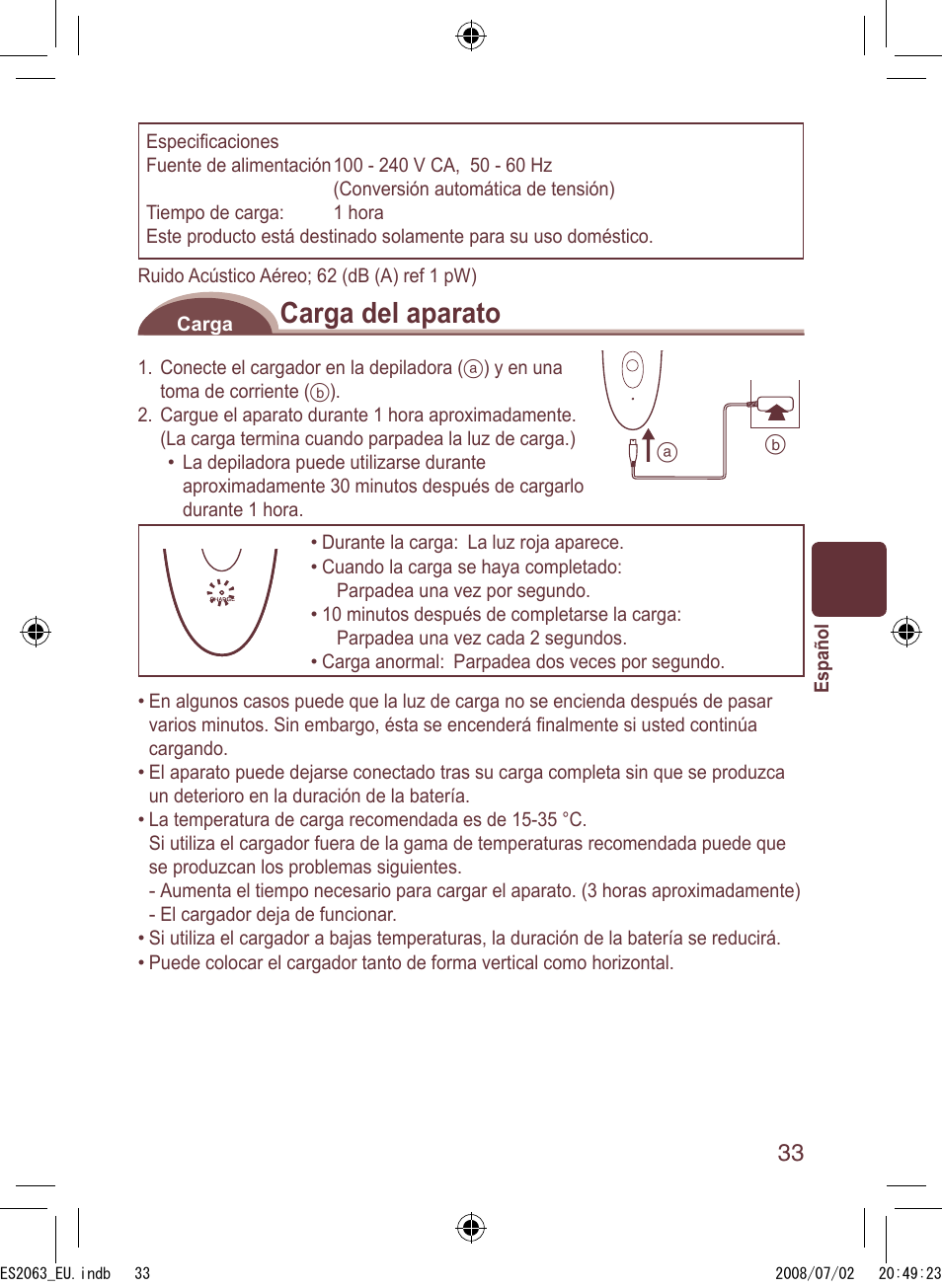 Carga del aparato | Panasonic ES2063 User Manual | Page 33 / 136