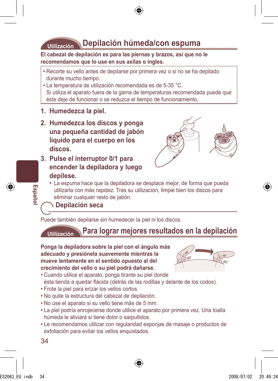 Depilación húmeda/con espuma, Para lograr mejores resultados en la depilación | Panasonic ES2063 User Manual | Page 34 / 136