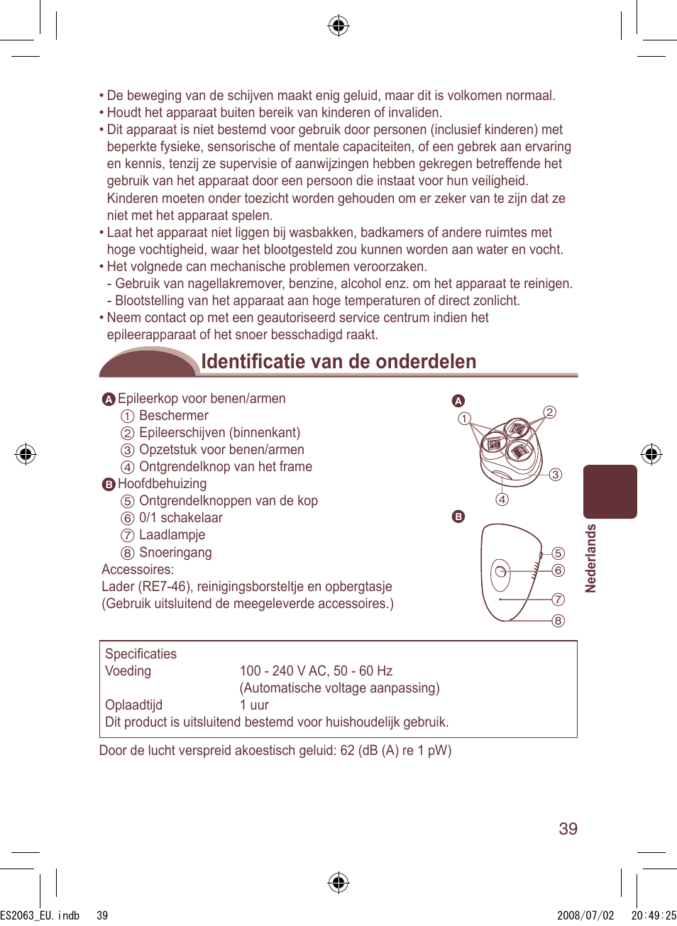 Identiﬁ catie van de onderdelen | Panasonic ES2063 User Manual | Page 39 / 136