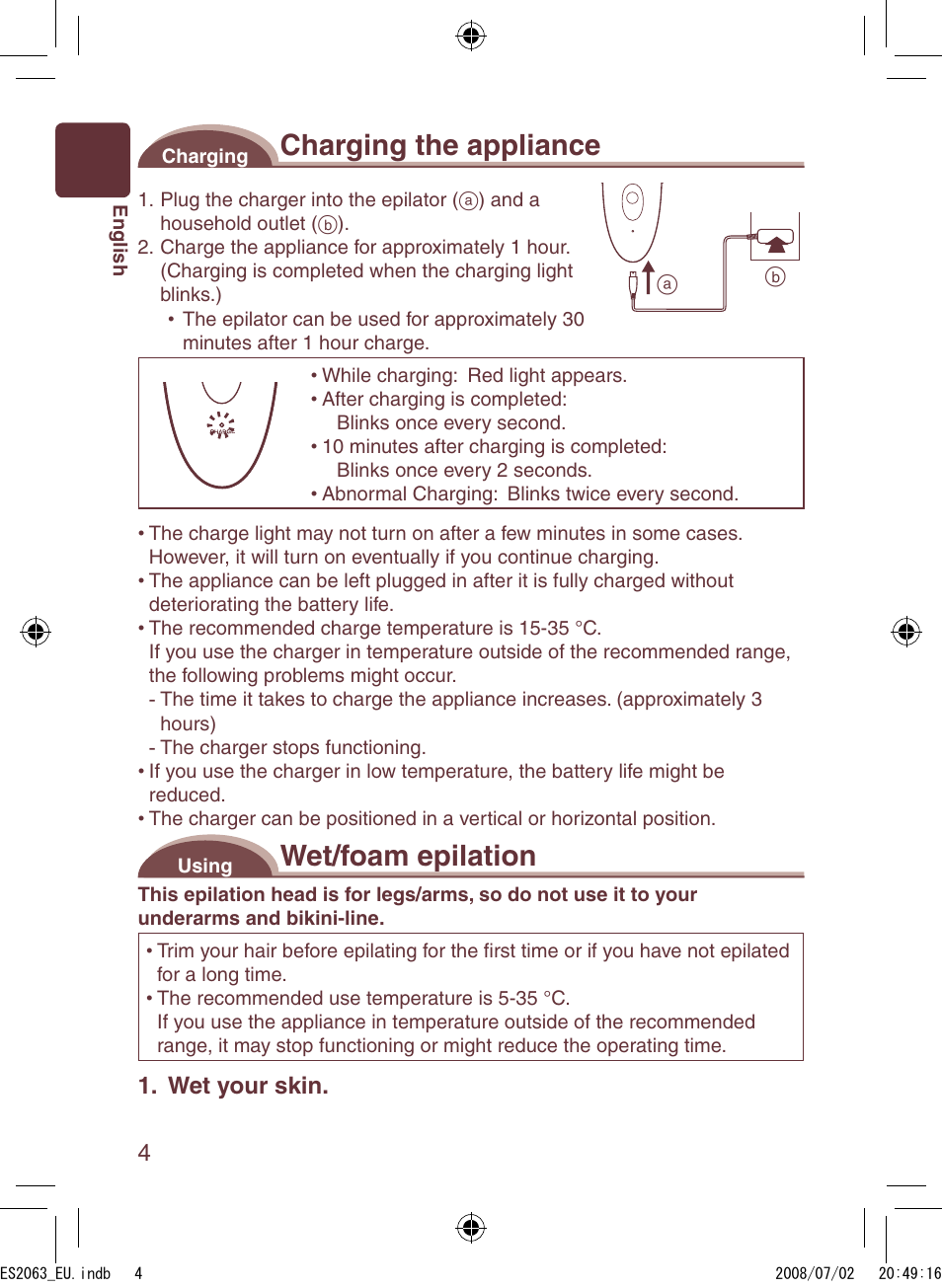 Charging the appliance, Wet/foam epilation, Wet your skin | Panasonic ES2063 User Manual | Page 4 / 136