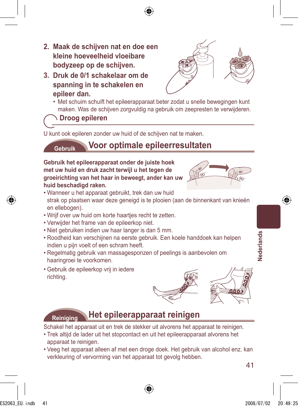 Voor optimale epileerresultaten, Het epileerapparaat reinigen | Panasonic ES2063 User Manual | Page 41 / 136