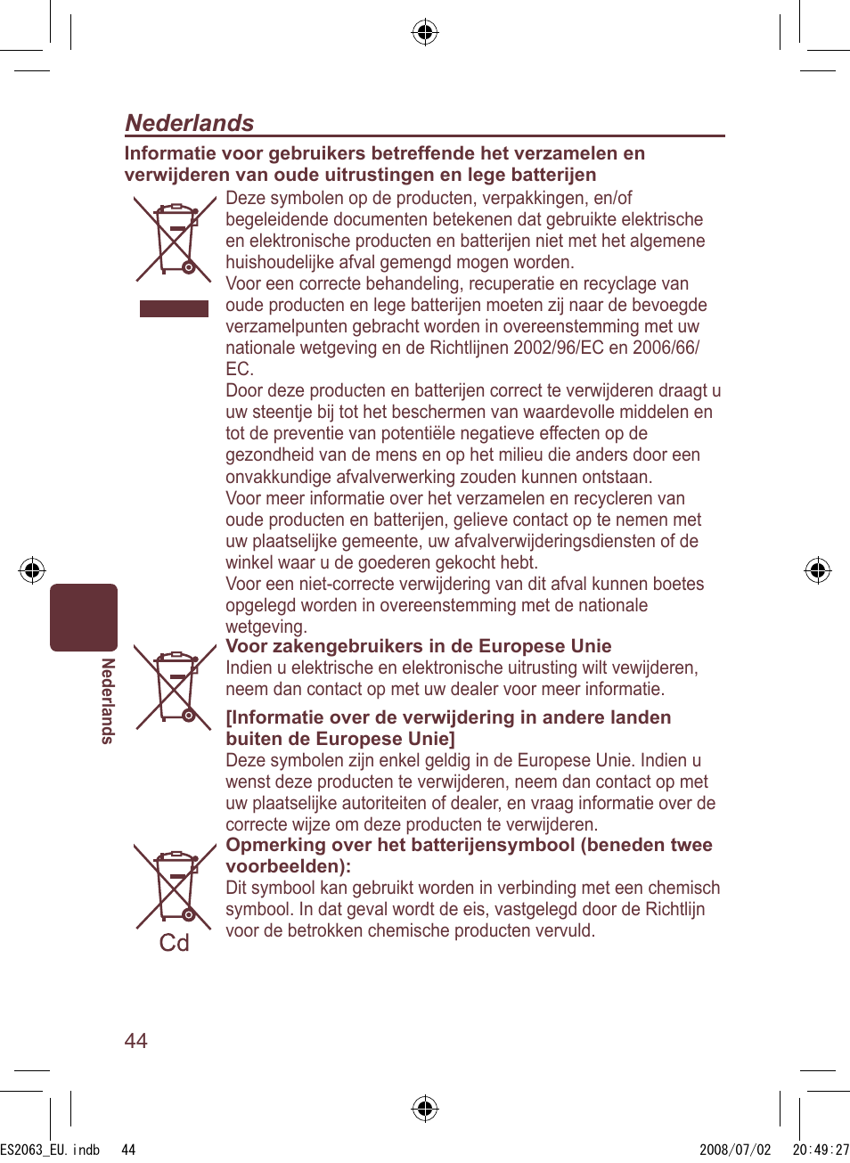 Nederlands | Panasonic ES2063 User Manual | Page 44 / 136