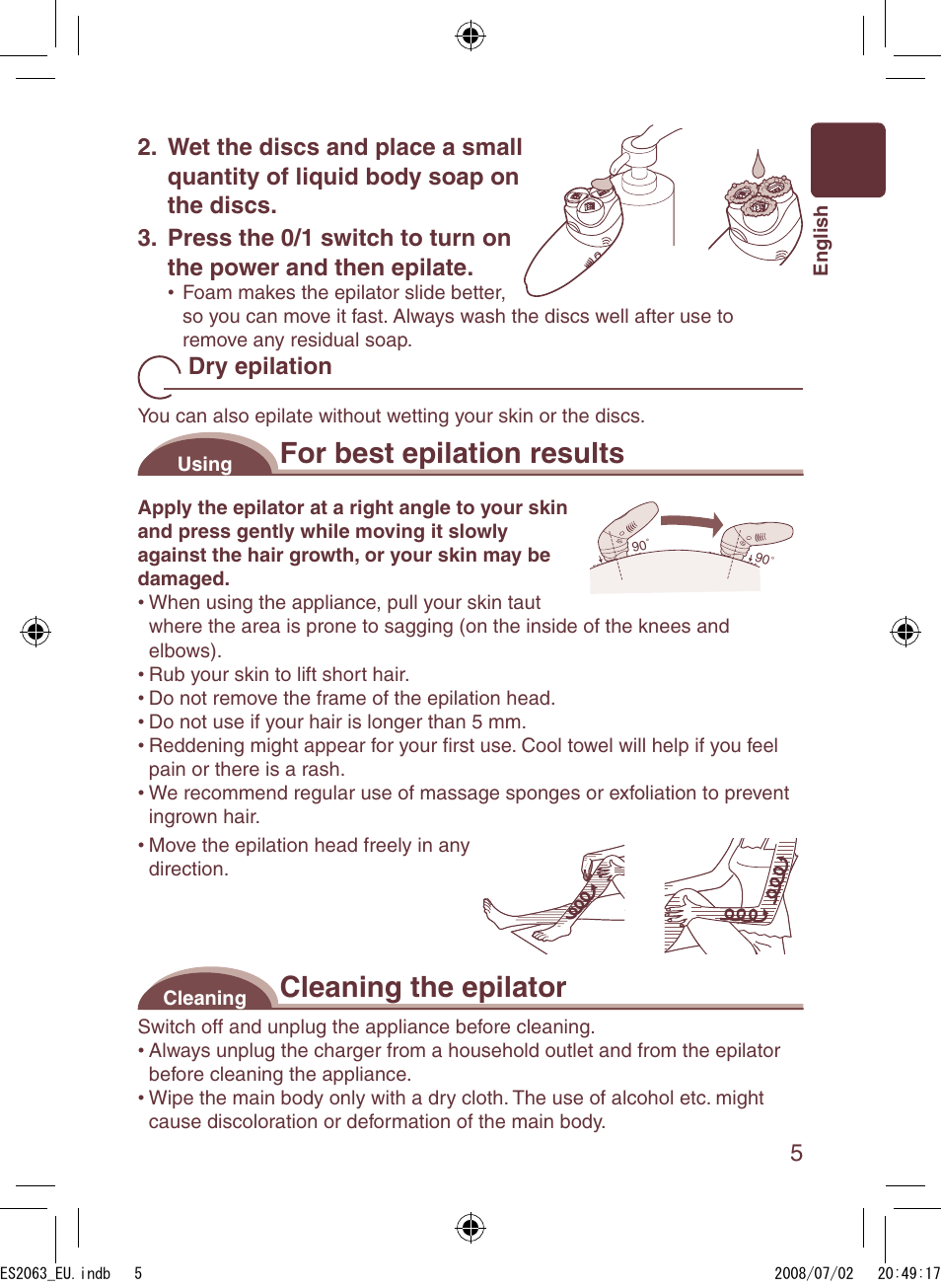 For best epilation results, Cleaning the epilator | Panasonic ES2063 User Manual | Page 5 / 136