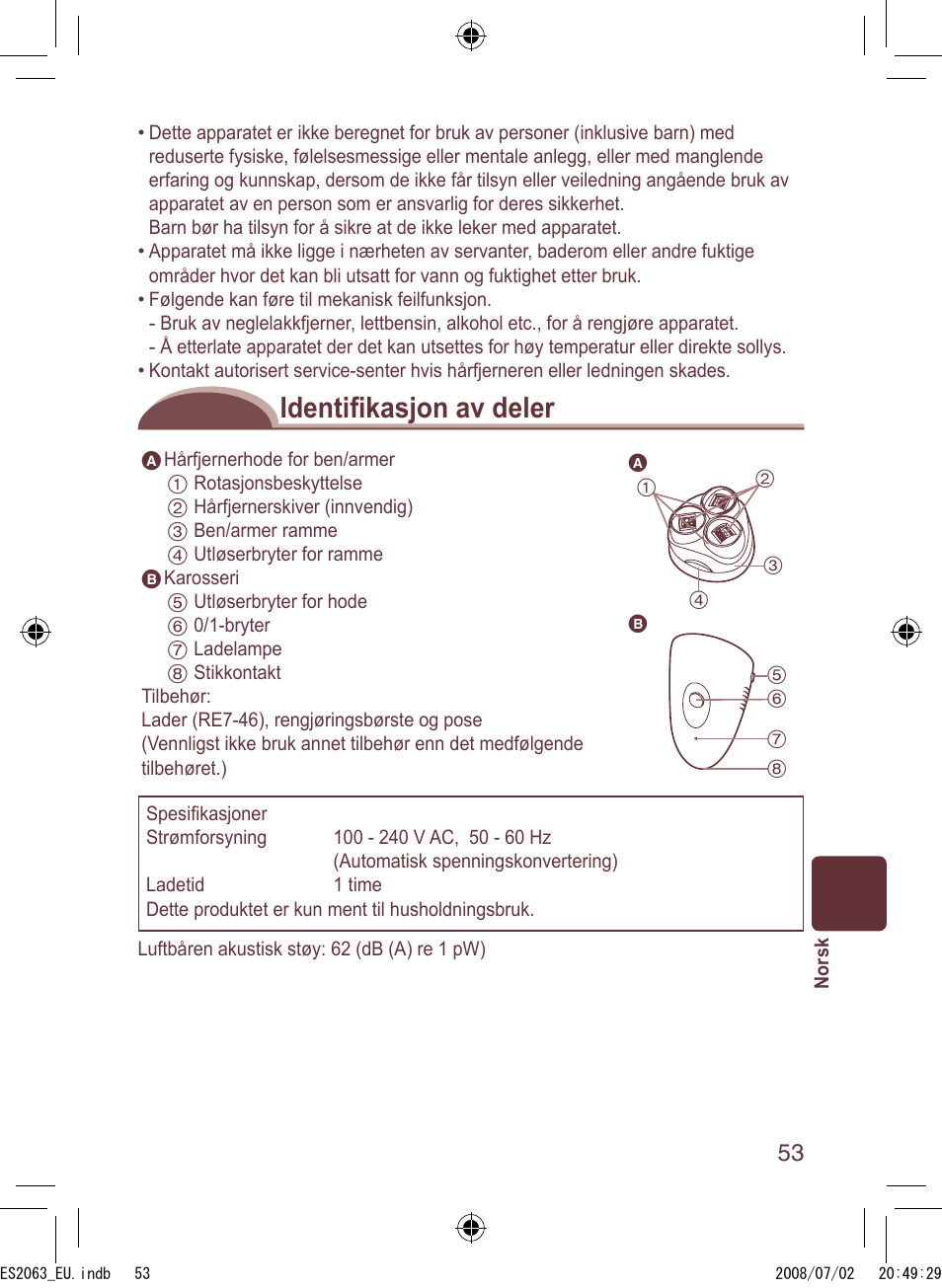 Identiﬁ kasjon av deler | Panasonic ES2063 User Manual | Page 53 / 136