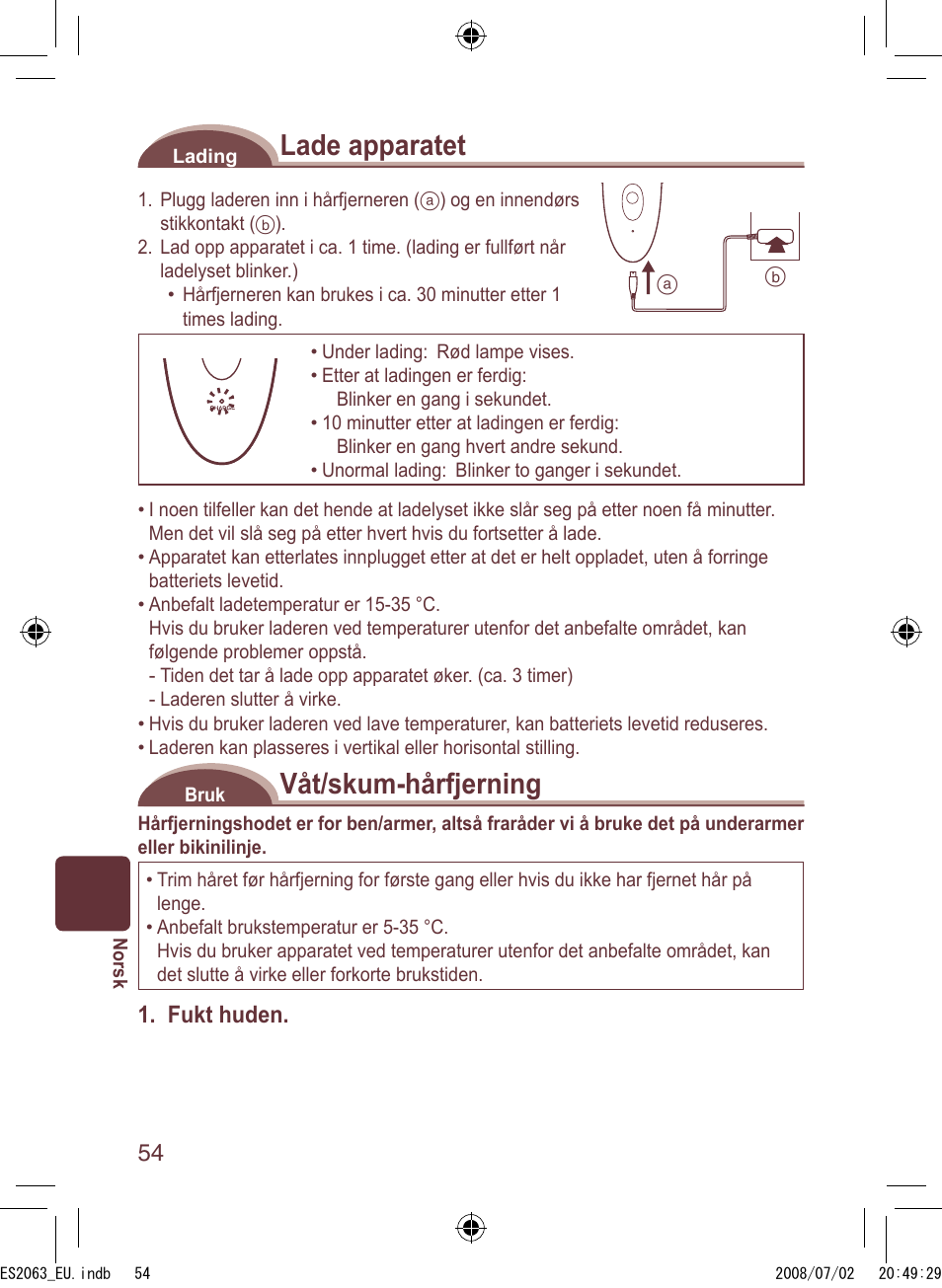 Lade apparatet, Våt/skum-hårfjerning, Fukt huden | Panasonic ES2063 User Manual | Page 54 / 136