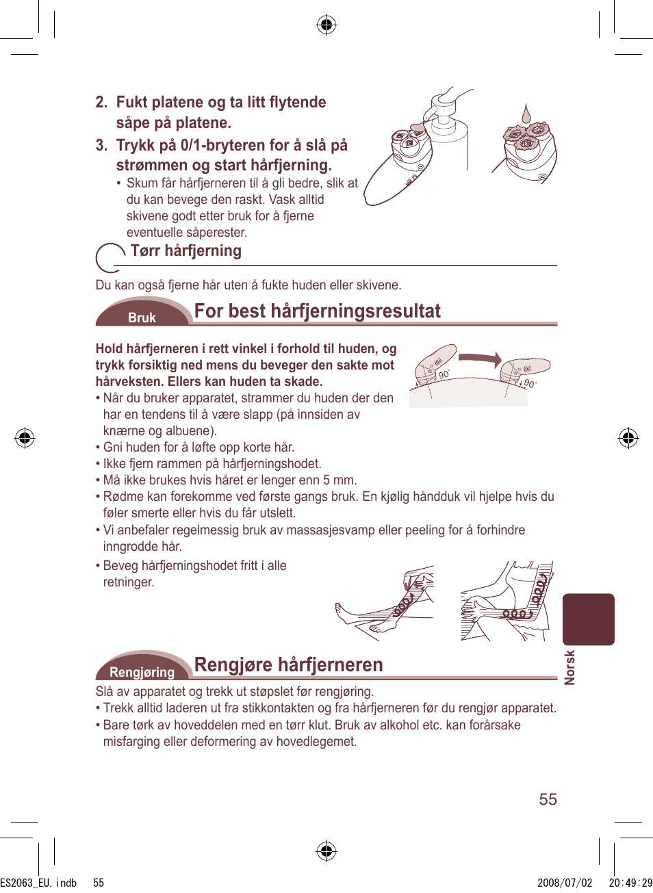 For best hårfjerningsresultat, Rengjøre hårfjerneren, Tørr hårfjerning | Panasonic ES2063 User Manual | Page 55 / 136