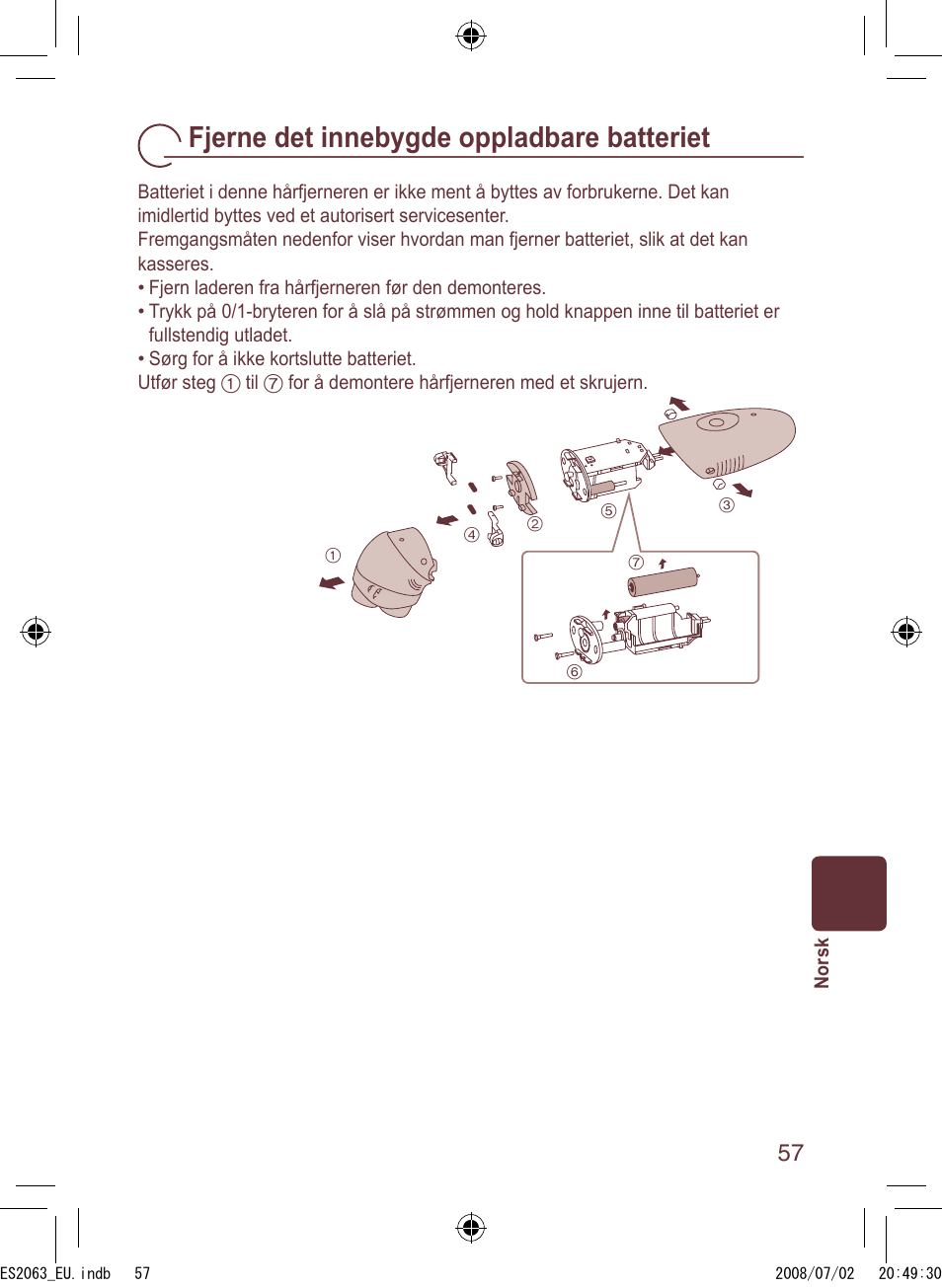 Fjerne det innebygde oppladbare batteriet | Panasonic ES2063 User Manual | Page 57 / 136