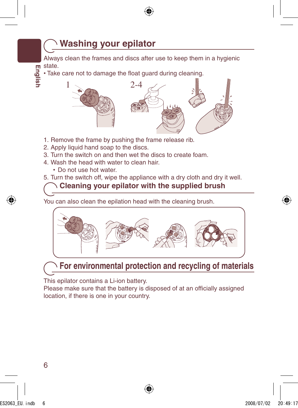 Washing your epilator | Panasonic ES2063 User Manual | Page 6 / 136