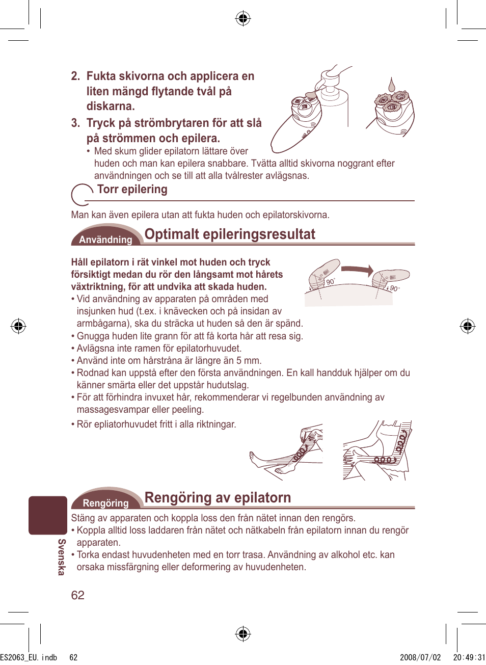 Optimalt epileringsresultat, Rengöring av epilatorn, Torr epilering | Panasonic ES2063 User Manual | Page 62 / 136